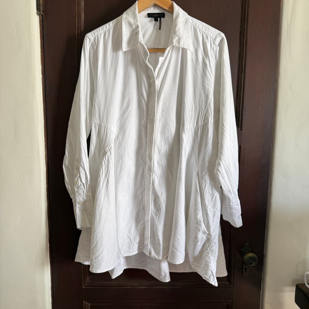 DONNA KARAN | White Linen Blend Lagenlook Flare Pocket Tunic | Large